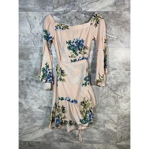 ASTR The Label Off Shoulder Pink Floral Print Mini Wrap Dress Bell Sleeves Sz XS